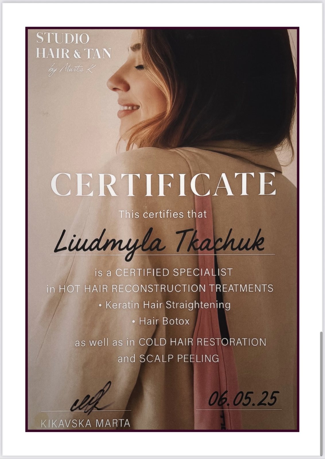Certificat — Studio Hair & Tan by Marta K