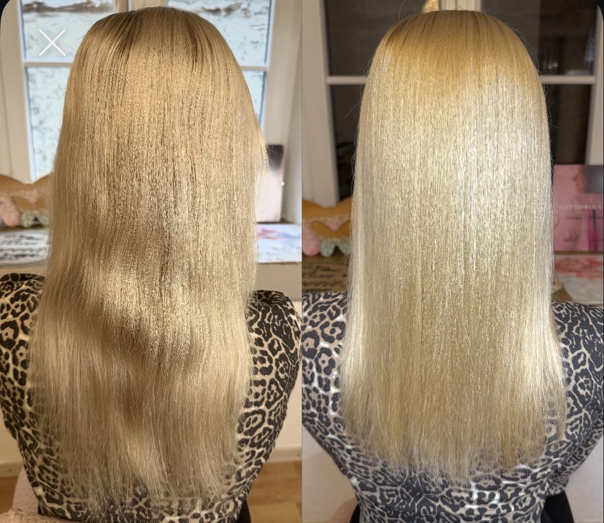 Avant / après sur cheveux blonds abîmés.